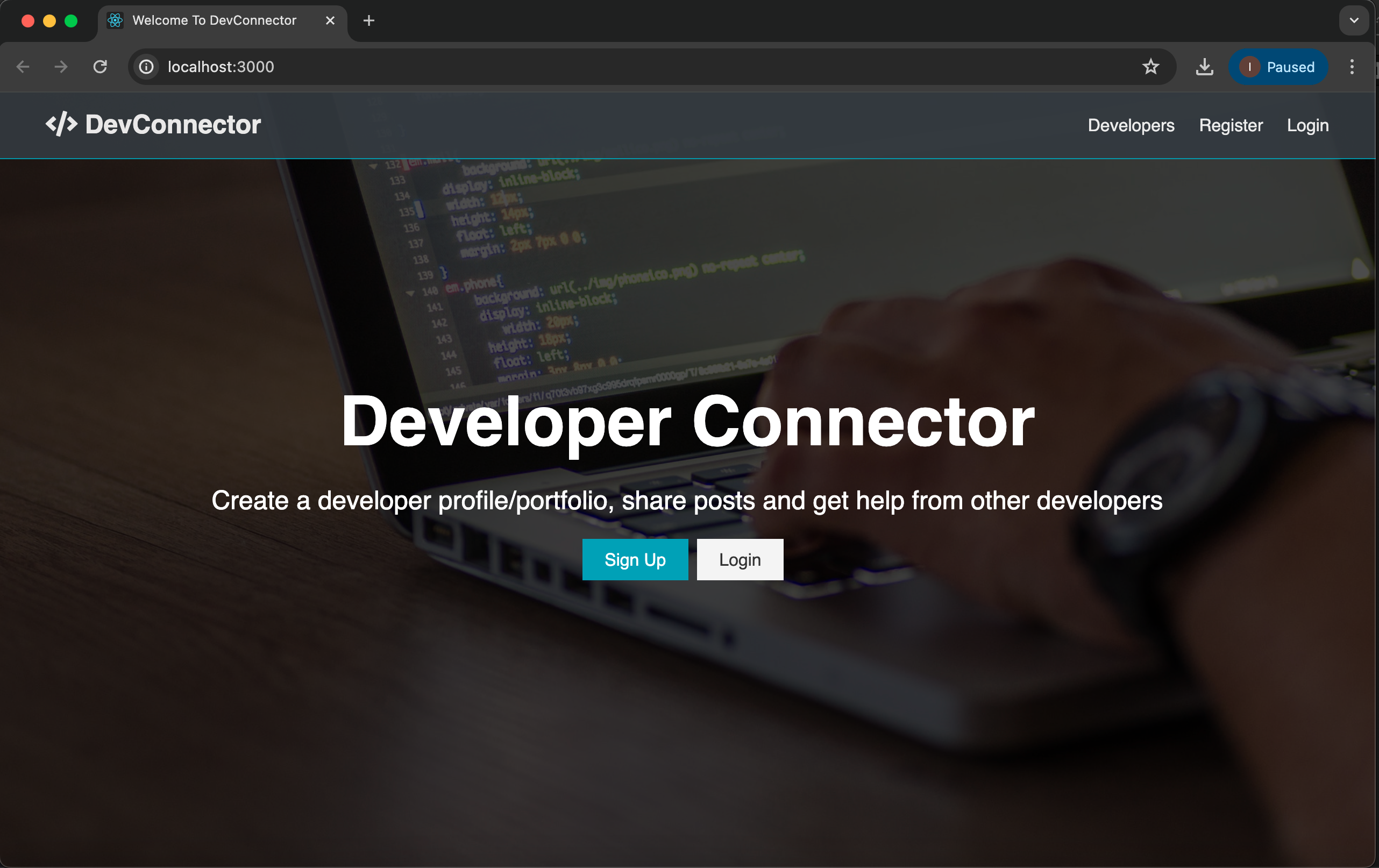 Screenshot of the social media site for developers project